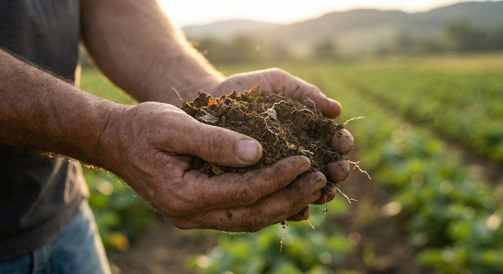 Farmer's hands cupping rich, dark, healthy soil full of microbial life