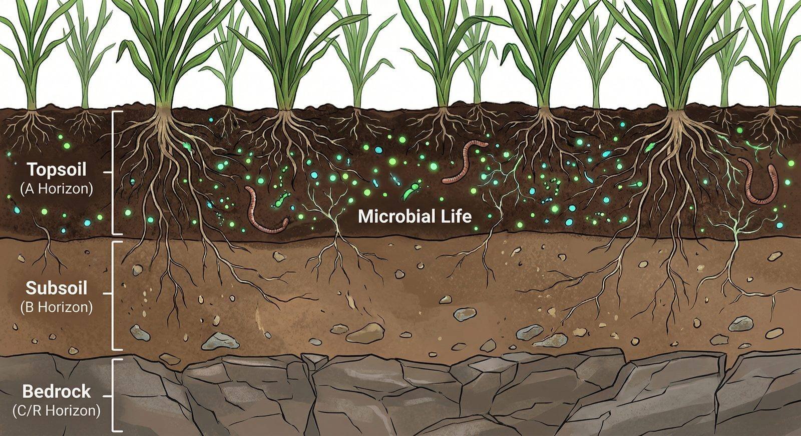 Cross-section diagram of soil layers showing microbial activity in topsoil, subsoil, and bedrock horizons